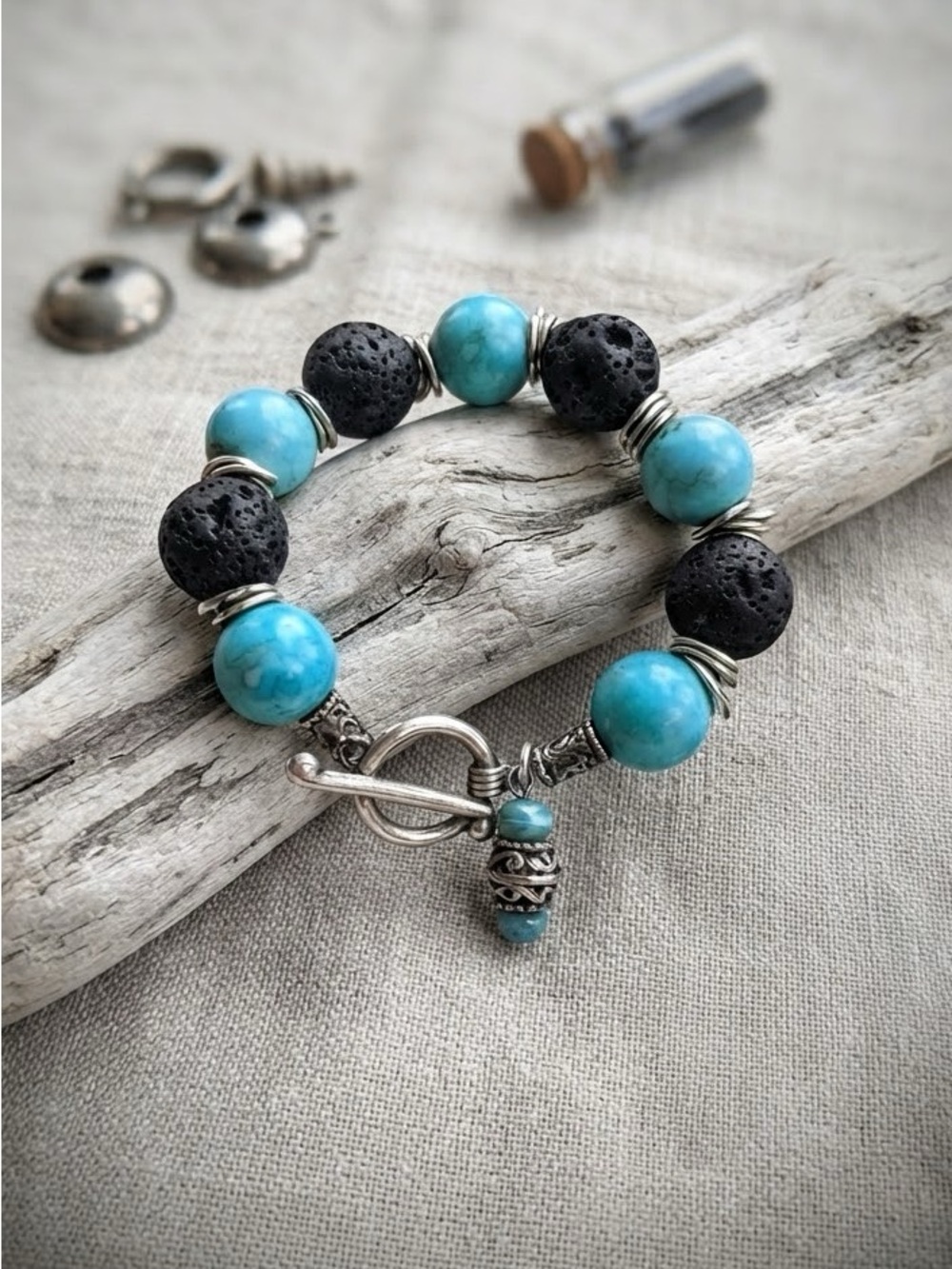 Vintage Basalt & Turquoise Howlite Toggle Bracelet Chunky Statement